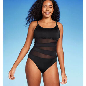 Women's Mesh Front One Piece Swimsuit - Shade & Shore Black Size Small 4-6